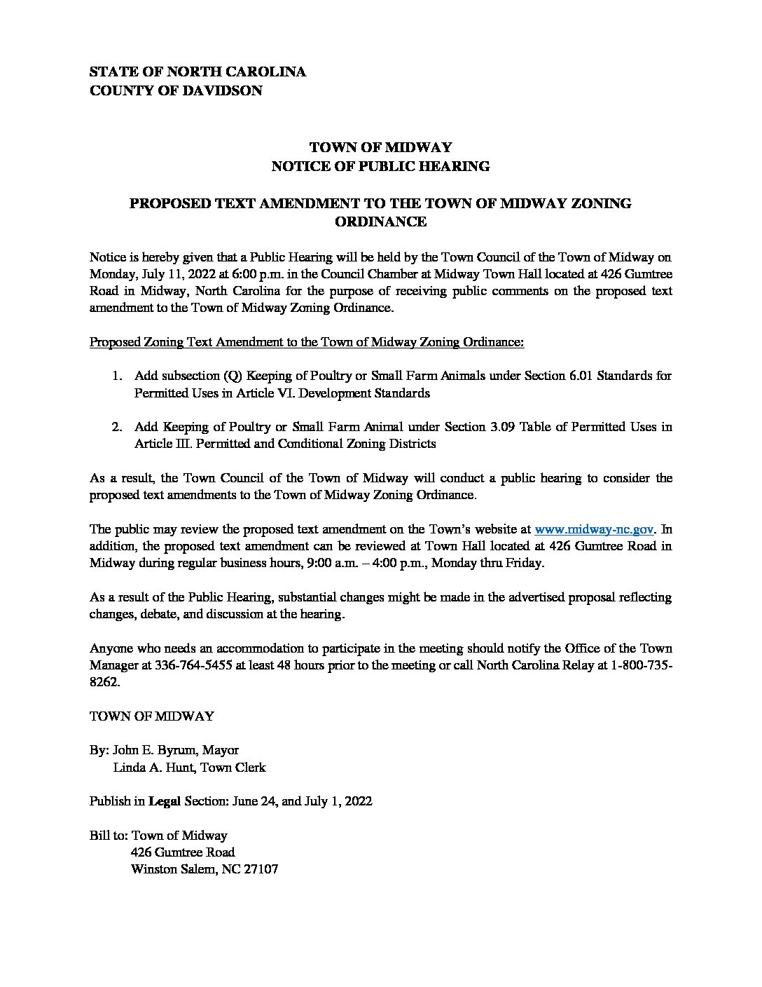 Public Hearing Notice Proposed Text Amendment to Town of Midway