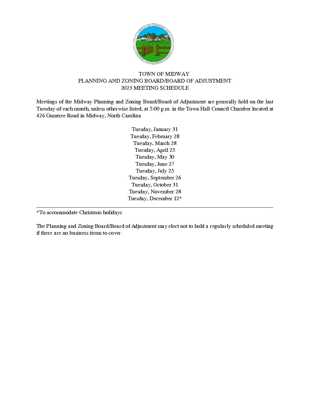 PB 2023 MEETING CALENDAR Town Of Midway NC