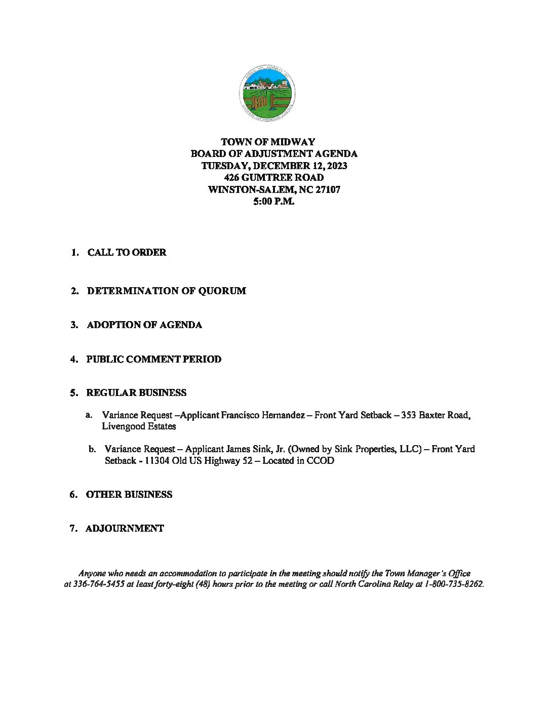 BOARD OF ADJUSTMENT AGENDA Town of Midway, NC